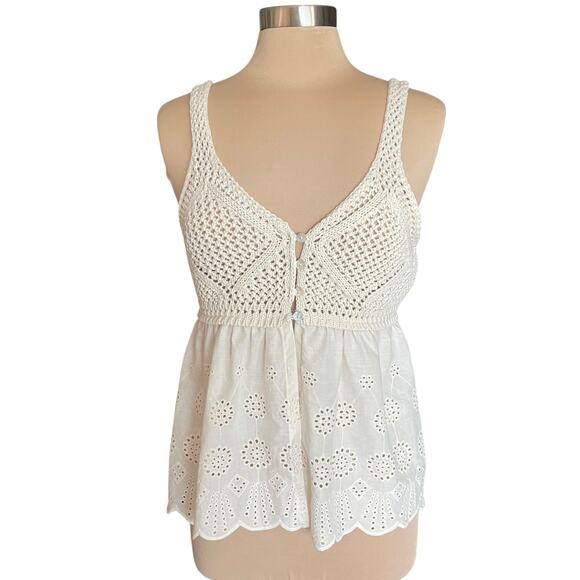 Room 34 Beige Crochet & Eyelet Lace Babydoll Tank Top MED Boho Festival Coquette - Picture 2 of 10